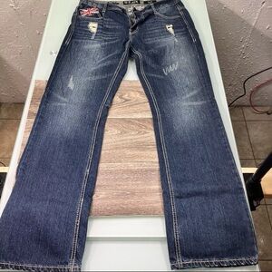 CJ Black Premium Men’s Jeans 34x34 (35x33.5) Dark Denim Distressed British Flag